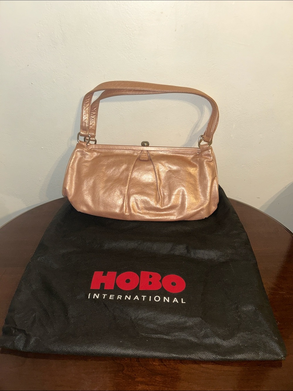 HOBO Metallic Rose Gold Shimmer Leather Shoulder Bag with Dust Bag